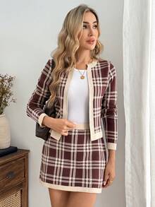 EMERY ROSE Women's Casual Elegant Plaid Cardigan & Knit Skirt Set - Multicolor - View 5
