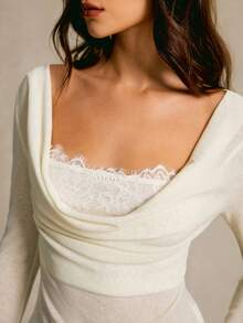 CielaLinda Women's Knit Cowl Neck Top, 2 In 1 Lace Patchwork T-Shirt - Light Yellow - View 1