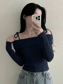 DAZY 女款休閒百搭純色露肩細肩帶T恤可愛上衣 - 藏蓝色 - 查看 7