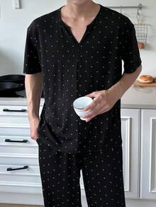 DAZY Spring Black Knit Polka Dot Comfortable Fabric T-Shirt With Elastic Waist Long Pants Men's Loungewear Set - Black - View 7