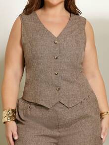 Lele Munniz Plus-Size Women's Retro Suit Set, Khaki Suit, Retro Women's Two Pieces Suit Set, Commuting Office Clothing, Autumn Two Pieces Set Elegant Summer - Mocha Brown - View 6