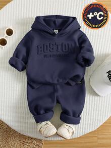 Bubblio Baby Boy Letter Embossed Hoodie & Sweatpants Set - Navy Blue - View 4