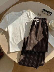 Tseoso 2pcs Set Embroidered Round Neck Short Sleeve Top And Striped Print Pants, Casual - Brown - View 4