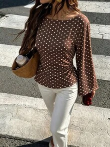 Flora Isola Flora Isola 女款春秋波點印花船領側收腰喇叭袖上衣，法式復古通勤優雅上衣 - 彩色 - 查看 1