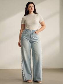 Anewsta Plus Size Women's Light Blue Fashion Lace Trim Denim Jeans Date Night Formal Summer Casual Elegant - Blue - View 3