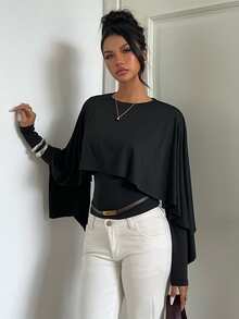 Aloruh Long Sleeve Cape Top Elegant Romantic Minimalist Office Commute Long-Sleeve Top Cape Top - Apricot - View 3