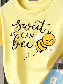 (3 Sets Aleatorios, Envía 1 Set) Conjunto de Camiseta Corta Básica y Pantalones Cortos Coloridos con Patrón Fresco Kawaii Lindo de Zanahoria, Conejo, Mariposa y Abeja para Niñas - Multicolor - Ver 4
