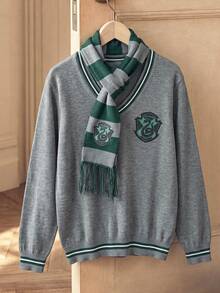 PrepCrw HARRY POTTER X SHEIN 2件組青少年男孩休閒優雅學院風舒適寬鬆針織學院徽章圖案綠白條紋滾邊灰色V領套頭毛衣，附贈灰色與綠色條紋毛絨圍巾，適合返校、外出、假期、秋冬穿著 - 灰色 - 查看 7