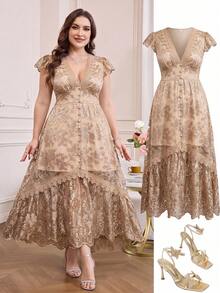 Reflora Plus Size Women's Embroidered Mesh Cap Sleeve Button Design Elegant Dress - Champagne - View 9