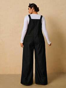 SHEIN PETITE CURVE Plus Size Fashion Pocket Button Loose Denim Jumpsuit Fall Black Casual Normal - Black - View 6