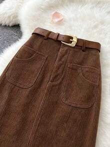 Franclia Women's Solid Color Casual Versatile Daily Wear Pocket Skirt - Brown - View 3