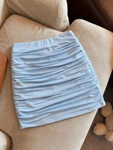 INAWLY Women's Light Blue Solid Color Pleated Bodycon Fashion Sexy Skirt - Baby Blue - View 3