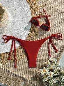 SHEIN Swim 2025 女款素色性感綁帶比基尼泳褲，夏季 - 紅色 - 查看 3
