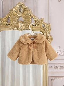 SHEIN 女嬰法式優雅可愛毛絨蝴蝶結秋冬夾克 - 駝色 - 查看 2