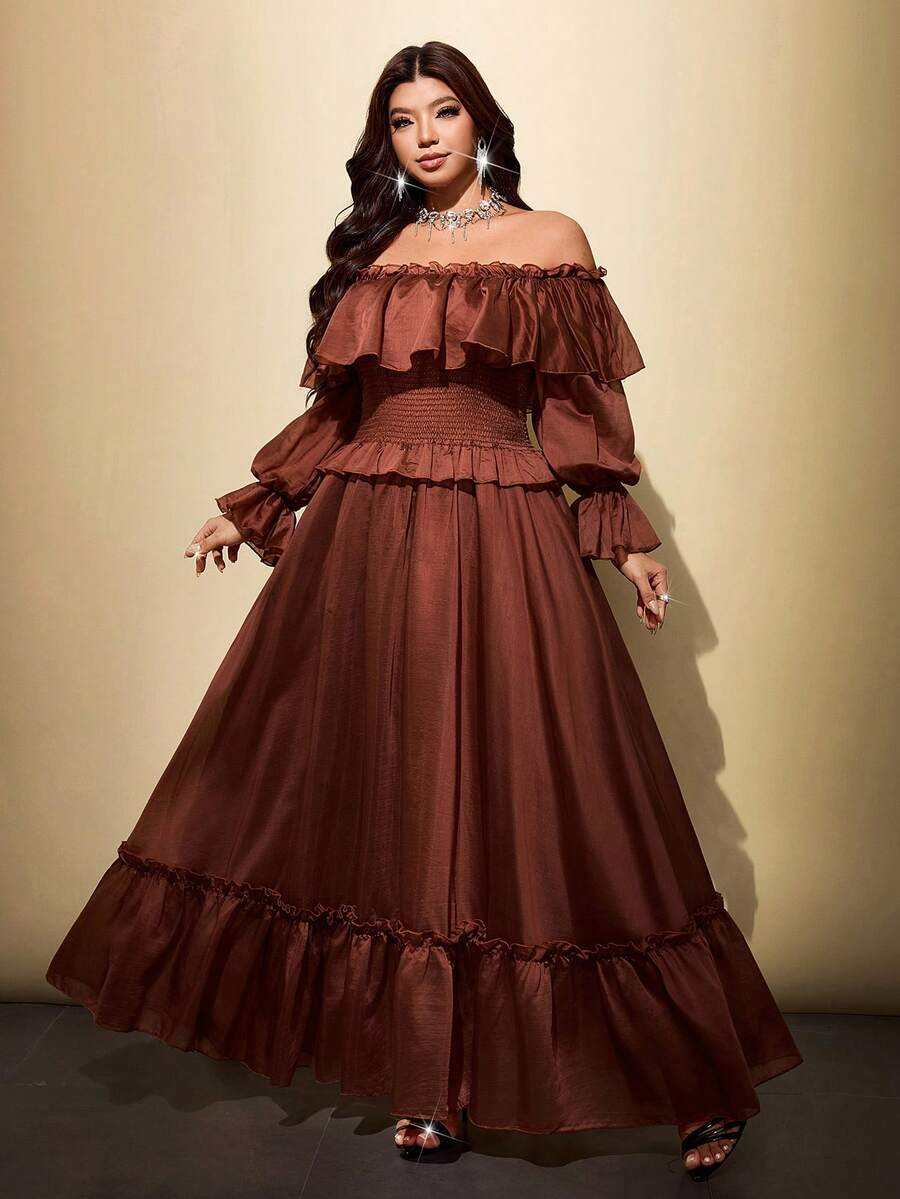 Viva Relle Gaun Panjang A-Line Kerah Ruffle Satu Bahu untuk Wanita Ukuran Plus, Musim Gugur - Rust Brown - View 1