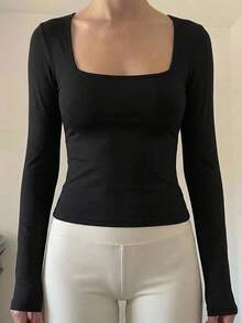 DAZY Women's Solid Color Ruched Slim Fit Versatile Daily Casual Long Sleeve T-Shirt - Black - View 3