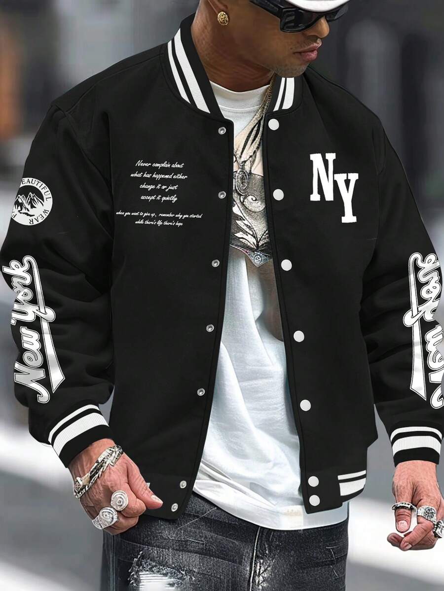 Manfinity Roughcore Chaqueta de béisbol casual de manga larga con patrón de letras y abotonadura sencilla para hombre - Negro - Ver 1