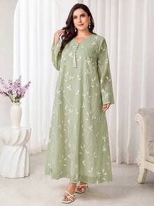 大尺碼女款V領花卉刺繡圖案休閒日常夏季洋裝 - 綠色 - 查看 8