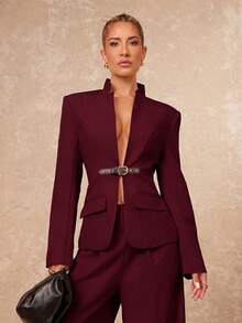 Lumalex Early Spring High Collar, Front Mid-Deep V-Neck, Contrast Color Leather Button - Burgundy - View 8