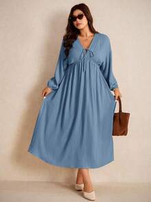 Elaquor Plus Size Autumn Casual Solid Color Dress Fall - Dusty Blue - View 4