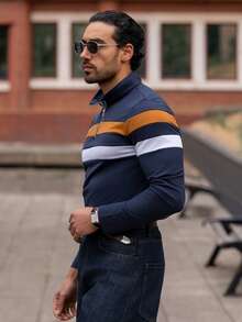 YOUESAWY YOUESAWY Men Color Block Quarter Zip Collar Work Casual Polo Shirt For Husband, For Fall, Long Sleeve Top - Multicolor - View 4