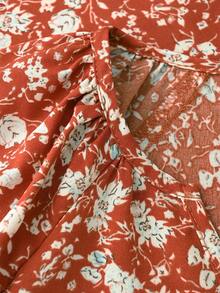 EMERY ROSE 女士花卉印花 V 领短袖衬衫，夏季新年衣服，短袖上衣 - 紅色 - 查看 6