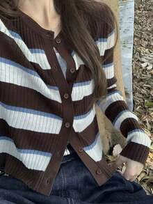 Muvela Women's Striped Long Sleeve Single-Breasted Casual Knit Cardigan - Brown - View 2