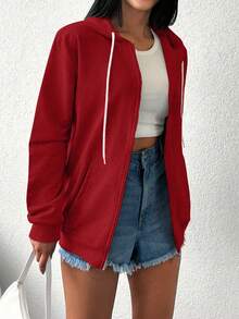 Wovencharm Wovencharm Zip Up Drawstring Hooded Sweatshirt - Red - View 6