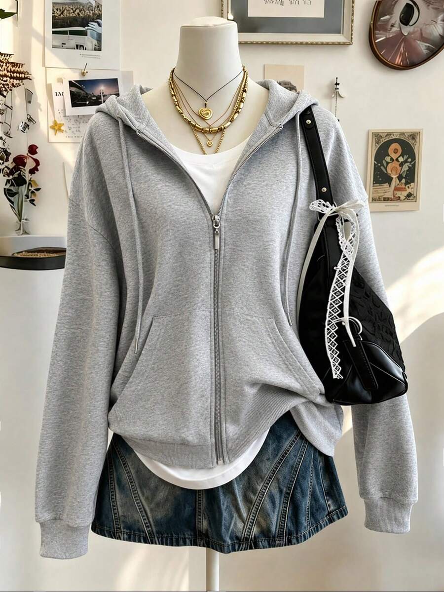 Wovencharm Wovencharm 100%纯棉休闲纯色拉链抽绳连帽衫 - 淺灰色 - 查看 1