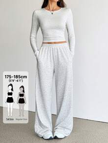 SHEIN Tall 女款秋季休閒長袖上衣與長褲兩件套 - 灰色 - 查看 12