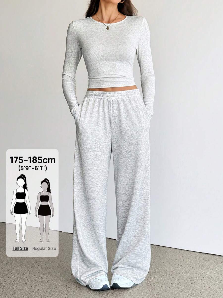 SHEIN Tall Setelan 2 Potong Atasan Lengan Panjang dan Celana Kasual Musim Gugur untuk Wanita - Grey - View 1