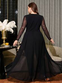 Reflora Mono casual de uso diario para mujer talla grande con cuello en V, patchwork de encaje y decoración de strass - Negro - Ver 3