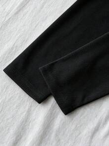 Teen Girls T-Shirts Autumn New Casual Minimalist Versatile Black Solid Color Knitted Ruched Chest Slim Fit Long Sleeve T-Shirt - Black - View 7