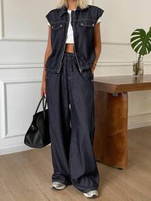 DAZY Women's Zipper Sleeve Top And Long Pants Casual Daily Denim Set - Navy Blue - View 6