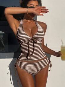 Swim Mod 女款條紋拼接掛脖式坦克比基尼上衣與三角比基尼褲兩件式泳衣套裝 - 棕色 - 查看 3