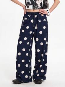 Bloopia Navy Blue Polka Dot Drawstring Waist Wide Leg 70's Inspired Casual Loose Sweatpants Y2k 2000s Autume/Summer Halloween Rock Concert Everyday Beach - Navy Blue - View 4