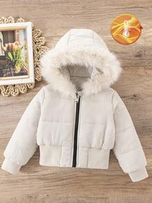 SHEIN Elladie kids 女童冬季白色連帽厚毛領高腰羅紋修身西式棉襖外套，休閒百搭天鵝絨加厚Y2K外套 - 杏色 - 查看 4
