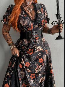 Whyspr Halloween Cottage Punk Goth Große Größen Bedrucktes Puffärmel Kurzarm Kleid mit geraffter Taille und Spitzen-Patchwork - Schwarz - Übersicht 3