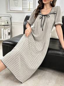 SHEIN Square Neck Color Block Bowknot Front Casual Dress Loungewear For Women - Apricot - View 5