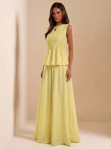 SHEIN BAE Women's Elegant Solid Color Pleated Design Ruffle Hem Tank Top And Skirt Set - Yellow - View 4