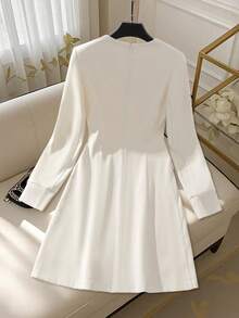 GlowEve Women's Solid Color Elegant Round Neck Bowknot Long Sleeve Dress - White - View 2