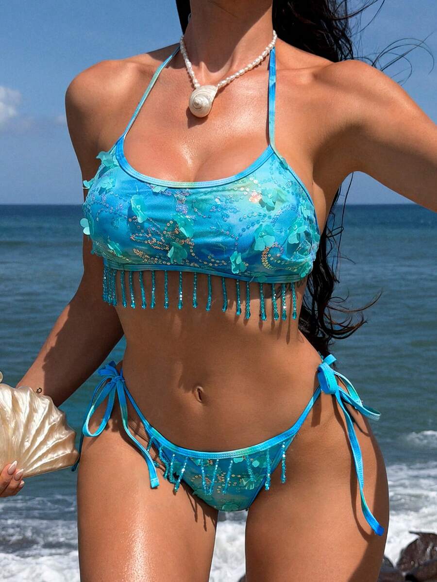 Swim SXY Women's Tassel 3D Floral Halter Tie Bikini Two-Piece Swimsuit Set - Blue - View 1