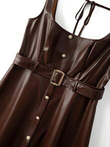 GlowEve CURVE Plus Size Square Neck Sleeveless Metal Buckle Button Dress, Party Gathering - Brown - View 6