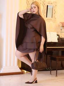 CHERRY TINTT SELECTION Plus Size Women Satin Asymmetrical Hem Adjustable Strap Backless Shawl Collar Dress, Autumn/Winter Elegant Summer - Coffee Brown - View 6