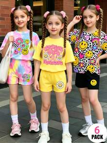 SHEIN Elladie kids 女童 6 件套時尚休閒套裝，包含紮染臉孔、豹紋臉孔、彩虹愛心與花卉臉孔字母印花短袖上衣、臉孔印花短褲，柔軟舒適，適合夏季外出穿著 - 彩色 - 查看 7