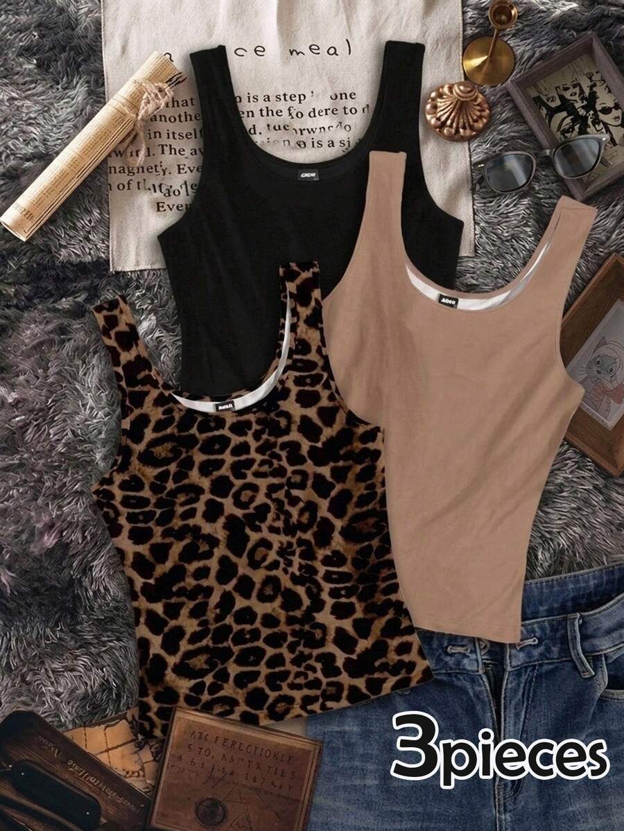 Divinelle 3pcs Plus Size Tank Top Set, Suitable For Spring/Summer - Multicolor - View 1