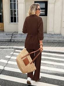 Serisse Women's Solid Color Rolled Sleeve Single-Breasted Shirt And Long Pants Casual 2 Pieces Set - Coffee Brown - View 2