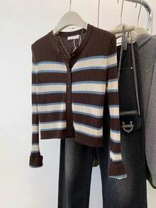 Muvela Women's Striped Long Sleeve Single-Breasted Casual Knit Cardigan - Brown - View 1