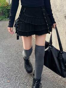 FRIFUL Women's Raw Hem Pleated Casual Goth Versatile Daily Denim Mini Skirt Night Out Black Summer - Black - View 5