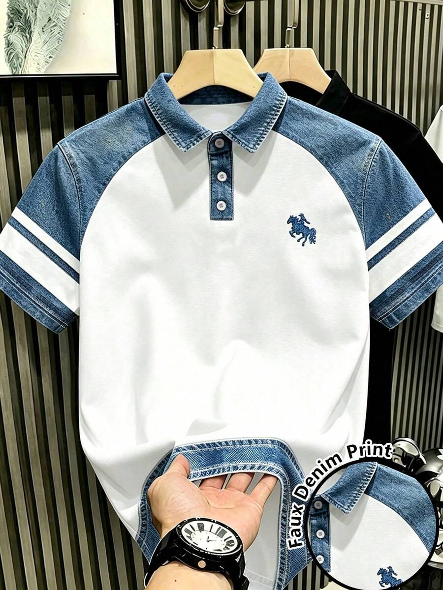 Manfinity Hypemode 中性印花 Polo 衫,對比色袖子,鈕扣開襟,藍色與白色,休閒日常穿著,適合男士與女士 - 彩色 - 查看 1
